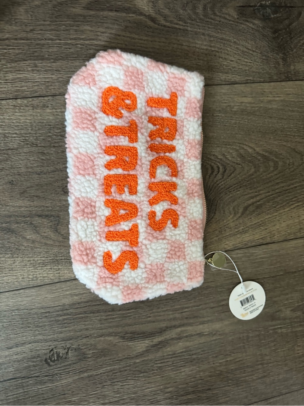 Pink Check Plush Cosmetic Pouch with Orange Lettering